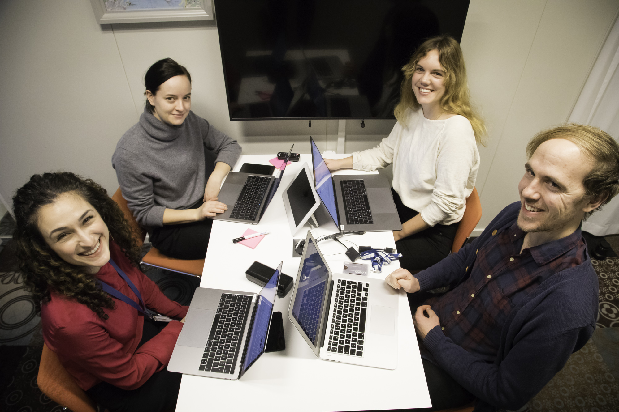 Some of the Stockholm members of the Omni Next team. From left: product manager Djeiran Amini Björklund, associate product manager Jenny Åbonde, designer Hanna Röstberg, and UX researcher Niklas Fyrvald.